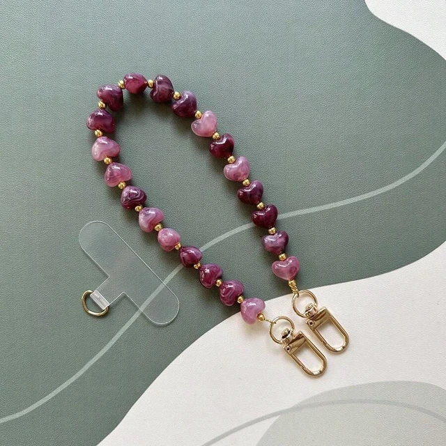 Main image of Bks Heart Shaped Phone Lanyard Faux Stone Acrylic Bead Bag Charm Compatible With Android And Most Smartphones For Birthday Gift