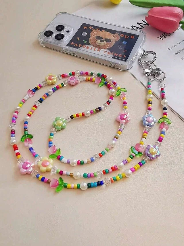 Alt view image 5 of 7 - Bks Rainbow Cartoon Tulip Beaded Detachable Crossbody Phone Lanyard Strap - Cute Kawaii Flower Clip-On Chain For Android & Smartphones, Adjustable Wrist Shoulder Strap For Travel Photography Gift