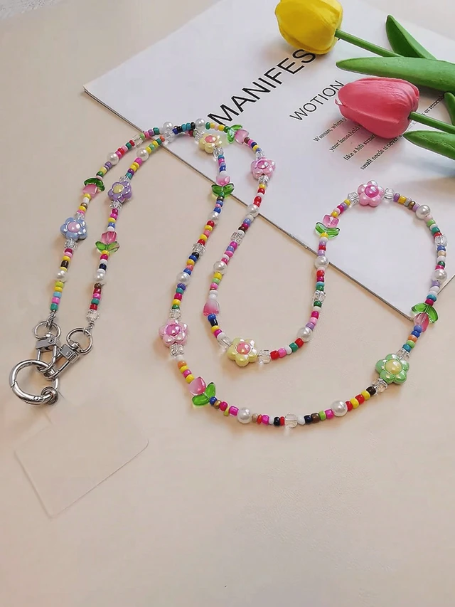 Alt view image 6 of 7 - Bks Rainbow Cartoon Tulip Beaded Detachable Crossbody Phone Lanyard Strap - Cute Kawaii Flower Clip-On Chain For Android & Smartphones, Adjustable Wrist Shoulder Strap For Travel Photography Gift