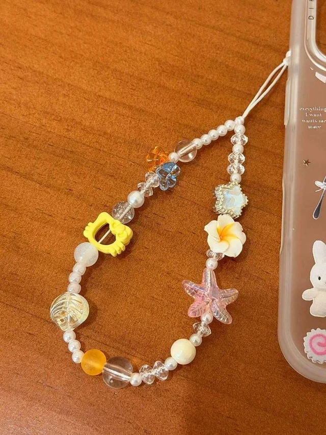 Alt view image 4 of 7 - Bks Summer Beaded Phone Lanyard with Starfish Frangipani Pattern Anti-Loss Universal Wrist Strap Chain
