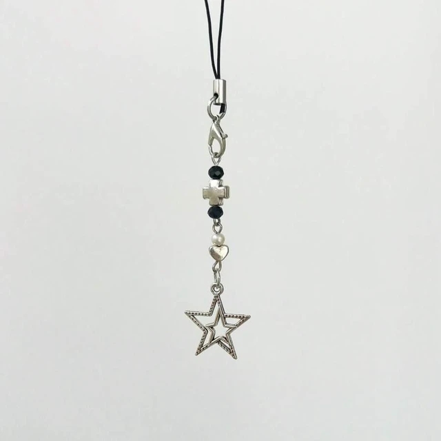 Main image of Bks Black 8-Shaped Bead Pentagram Starburst Chain Phone Lanyard Y2K Retro Grunge Style Gift for Mother Family Friends Birthday Holiday