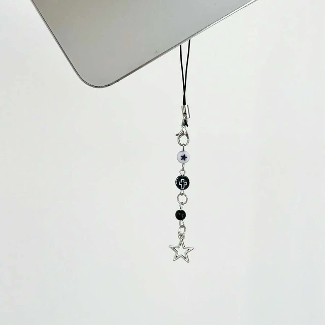 Alt view image 7 of 7 - Bks Black 8-Shaped Bead Pentagram Starburst Chain Phone Lanyard Retro Grunge Style Gift for Mother Family Friends Birthday Holiday