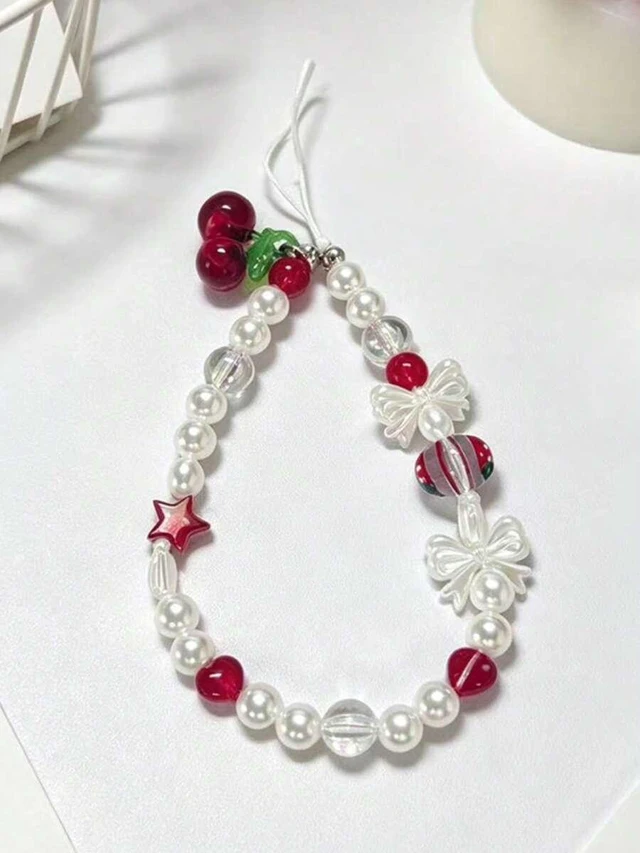 Main image of Bks Handmade Beaded Phone Lanyard Cartoon Cherry Fruit Style Anti-Lost Wrist Strap for Camera and Mobile Devices