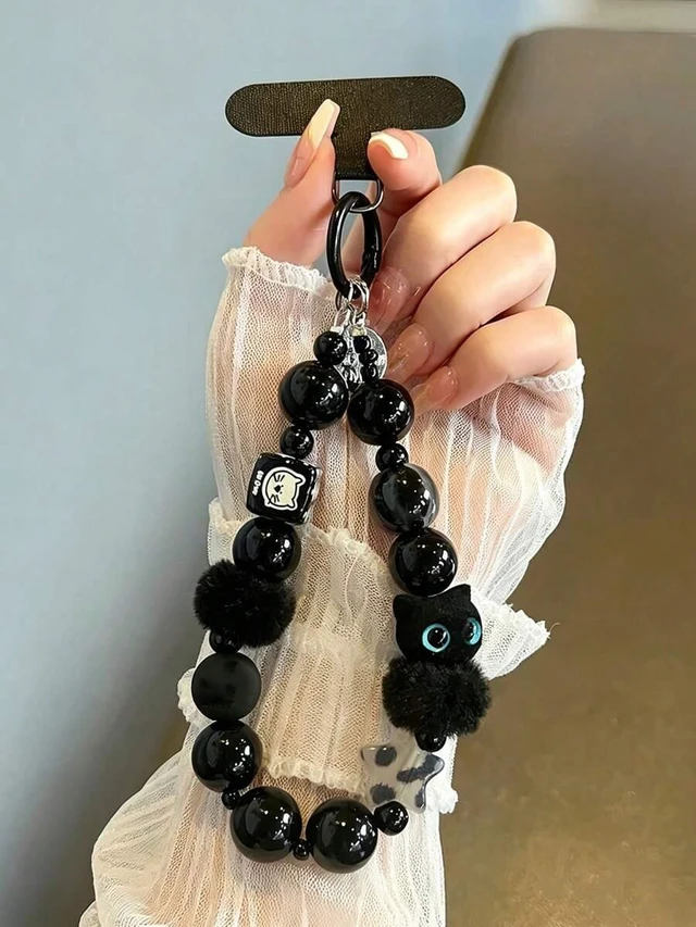 Main image of Bks Black Plush Cat Phone Lanyard Beaded Wrist Strap Key Chain Bag Charm With Free Spacer Hanging
