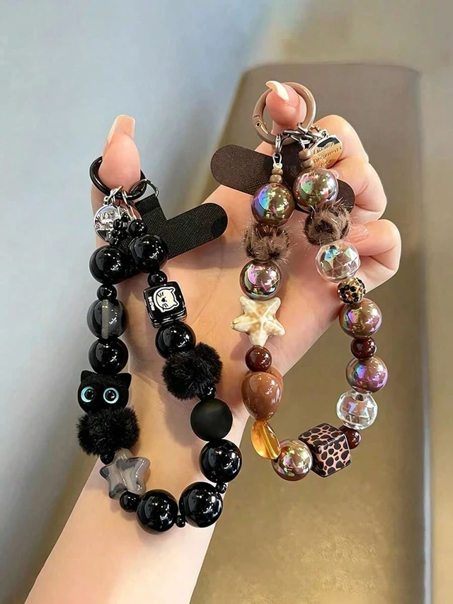 Alt view image 2 of 7 - Bks Black Plush Cat Phone Lanyard Beaded Wrist Strap Key Chain Bag Charm With Free Spacer Hanging