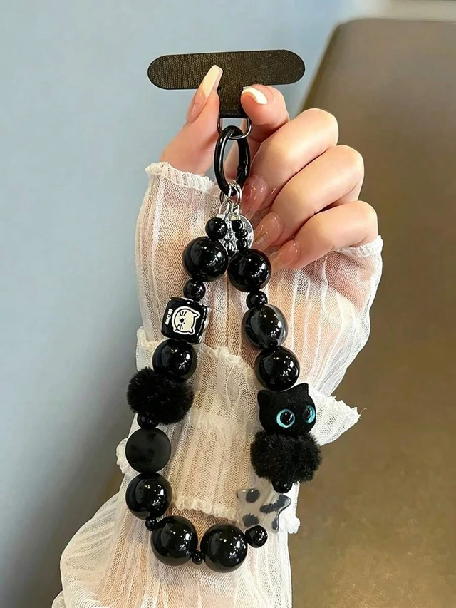 Alt view image 4 of 7 - Bks Black Plush Cat Phone Lanyard Beaded Wrist Strap Key Chain Bag Charm With Free Spacer Hanging