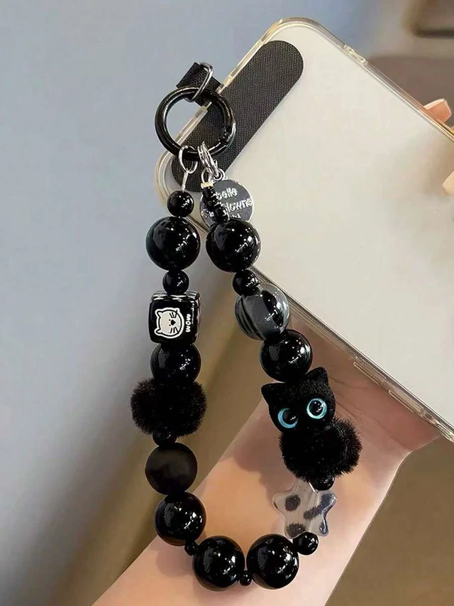 Alt view image 5 of 7 - Bks Black Plush Cat Phone Lanyard Beaded Wrist Strap Key Chain Bag Charm With Free Spacer Hanging