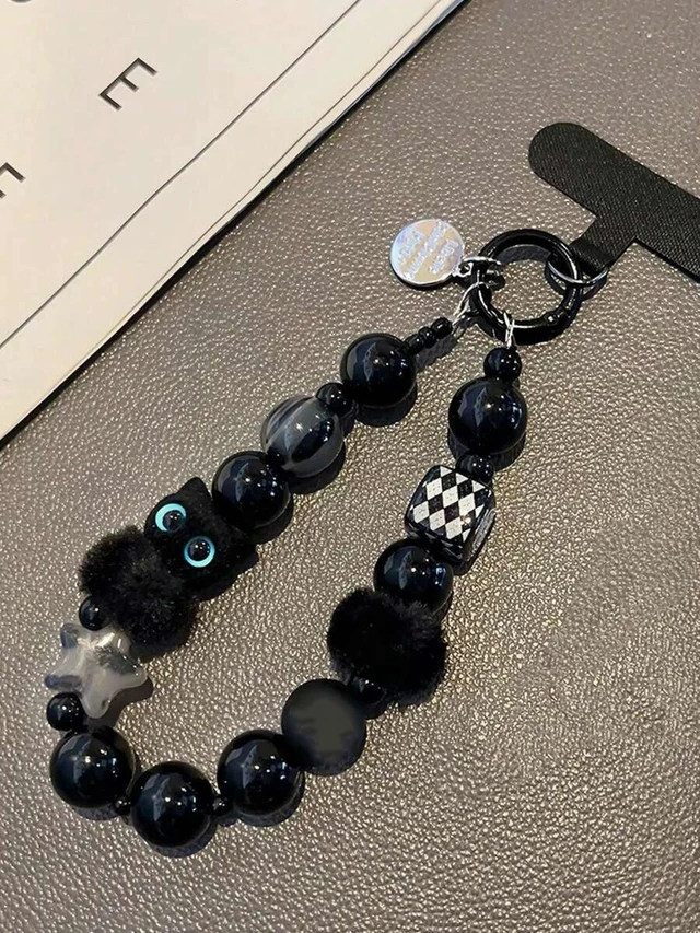 Alt view image 7 of 7 - Bks Black Plush Cat Phone Lanyard Beaded Wrist Strap Key Chain Bag Charm With Free Spacer Hanging