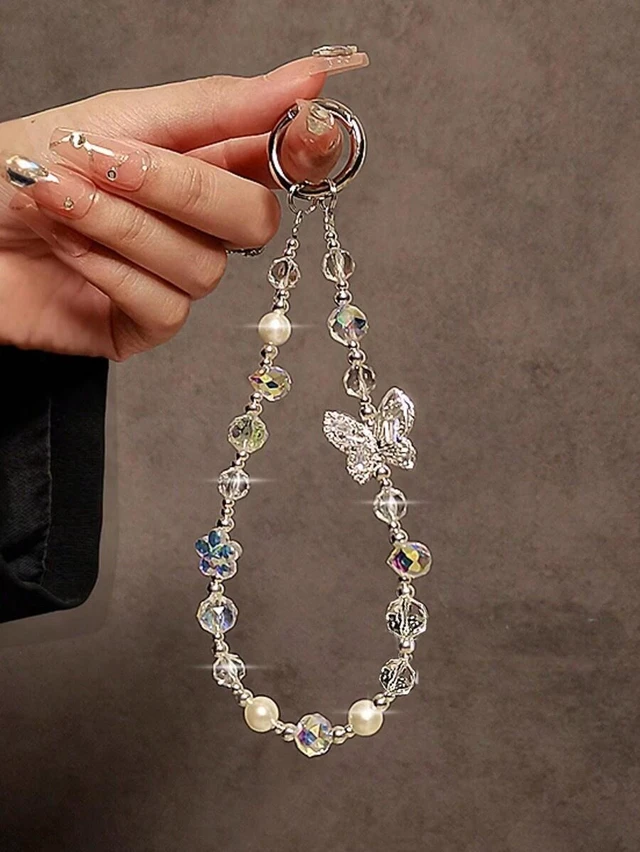 Main image of Bks Luxury Rhinestone Butterfly Pendant Mobile Phone Lanyard Case Wrist Strap Keycord Bling Glitter Hanging Chain