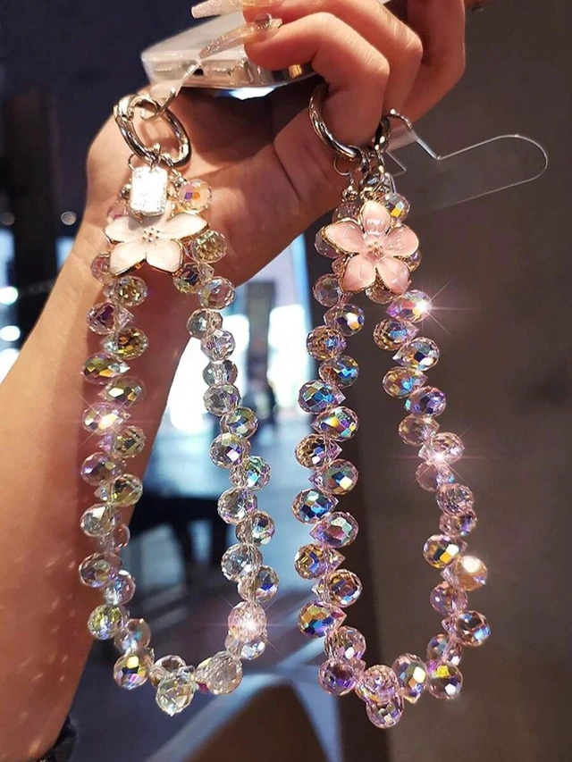 Alt view image 2 of 7 - Bks Crystal Flower Pendant Oil Drop Phone Chain, Unique High-End Women's Charm, Beaded Bracelet Wrist Strap Anti-Lost Lanyard Compatible With Android Smartphone