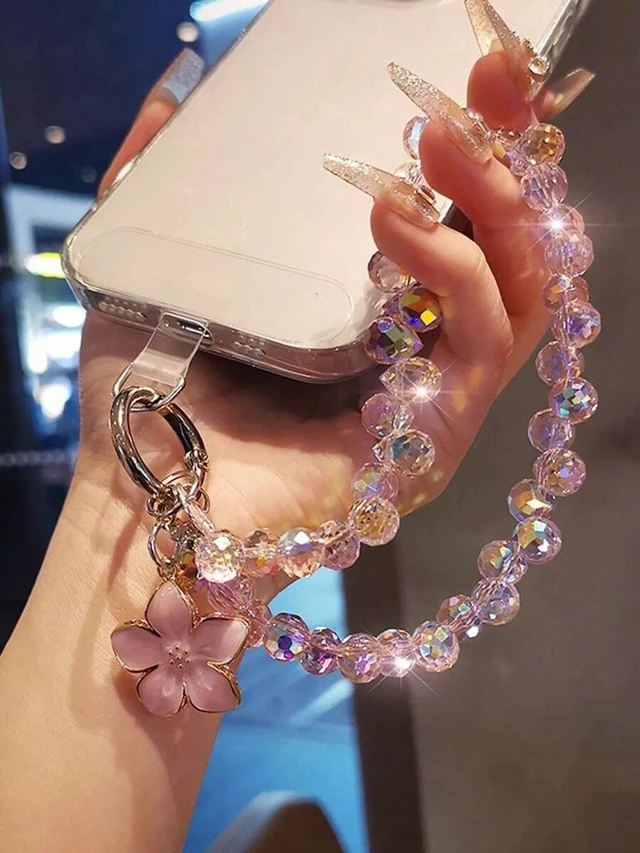 Alt view image 3 of 7 - Bks Crystal Flower Pendant Oil Drop Phone Chain, Unique High-End Women's Charm, Beaded Bracelet Wrist Strap Anti-Lost Lanyard Compatible With Android Smartphone