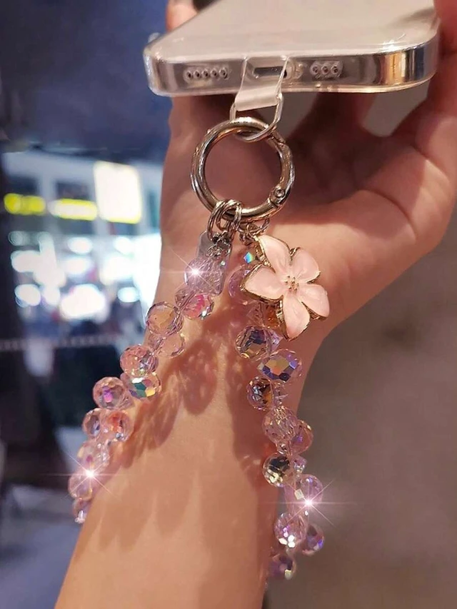 Alt view image 4 of 7 - Bks Crystal Flower Pendant Oil Drop Phone Chain, Unique High-End Women's Charm, Beaded Bracelet Wrist Strap Anti-Lost Lanyard Compatible With Android Smartphone