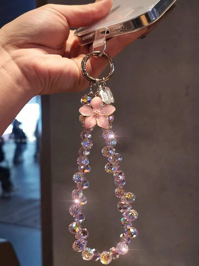 Alt view image 5 of 7 - Bks Crystal Flower Pendant Oil Drop Phone Chain, Unique High-End Women's Charm, Beaded Bracelet Wrist Strap Anti-Lost Lanyard Compatible With Android Smartphone