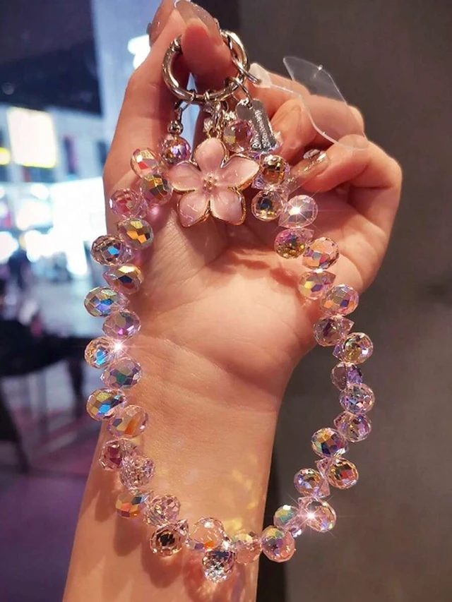 Alt view image 6 of 7 - Bks Crystal Flower Pendant Oil Drop Phone Chain, Unique High-End Women's Charm, Beaded Bracelet Wrist Strap Anti-Lost Lanyard Compatible With Android Smartphone