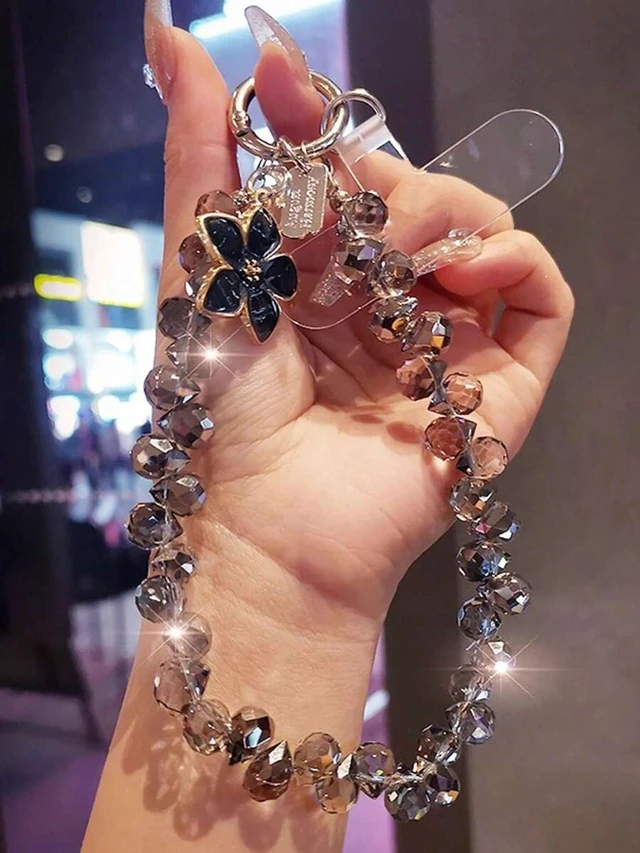 Alt view image 7 of 7 - Bks Crystal Flower Pendant Oil Drop Phone Chain, Unique High-End Women's Charm, Beaded Bracelet Wrist Strap Anti-Lost Lanyard Compatible With Android Smartphone