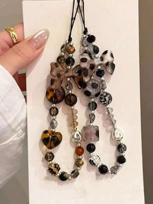 Alt view image 2 of 7 - Bks Leopard Print Bow Phone Lanyard Handmade Beaded Strap Anti-Lost Chain Bag Charm Keychain Compatible Apple iPod Pro Bluetooth Earphone Case