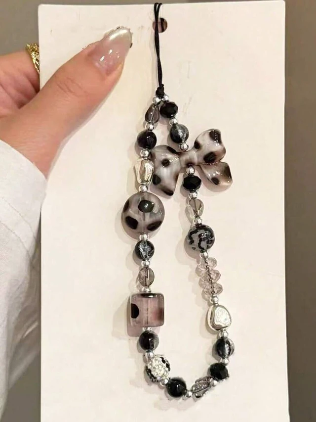 Alt view image 4 of 7 - Bks Leopard Print Bow Phone Lanyard Handmade Beaded Strap Anti-Lost Chain Bag Charm Keychain Compatible Apple iPod Pro Bluetooth Earphone Case