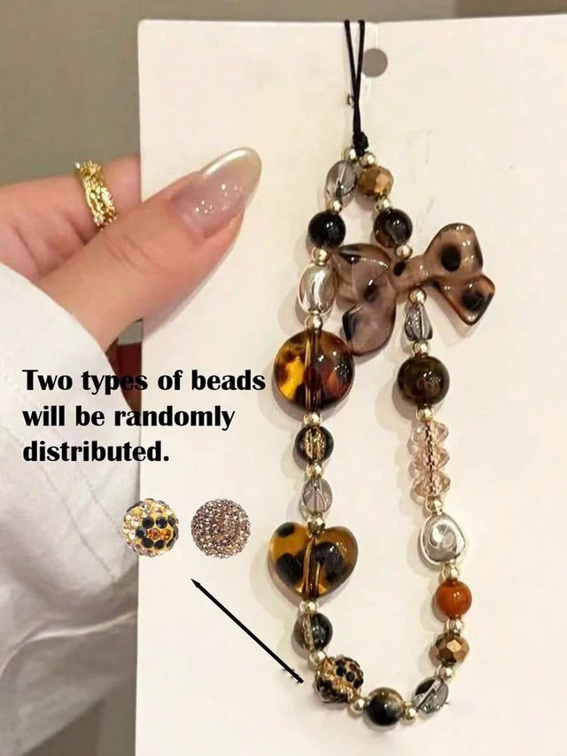 Alt view image 7 of 7 - Bks Leopard Print Bow Phone Lanyard Handmade Beaded Strap Anti-Lost Chain Bag Charm Keychain Compatible Apple iPod Pro Bluetooth Earphone Case