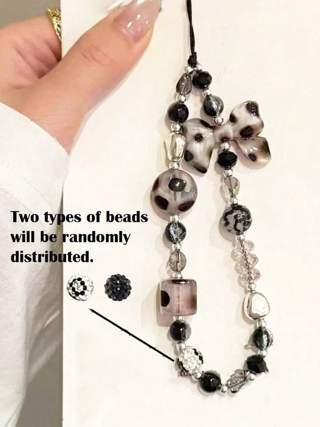 Alt view image 6 of 7 - Bks Leopard Print Bow Phone Lanyard Handmade Beaded Strap Anti-Lost Chain Bag Charm Keychain Compatible Apple iPod Pro Bluetooth Earphone Case