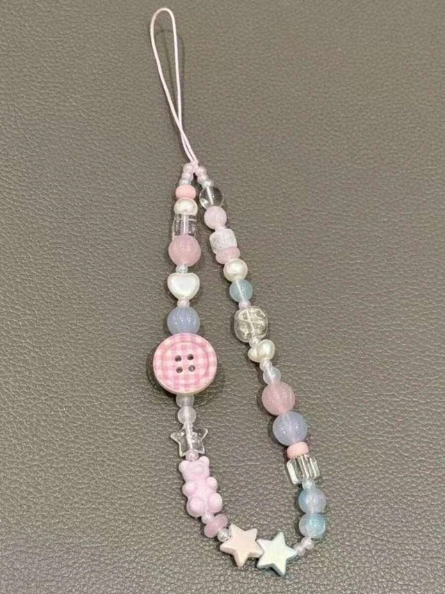 Alt view image 2 of 5 - Bks Pink Phone Lanyard Chain Beaded Camera Strap Wristlet for Girls Multicolor Round Checkered Button