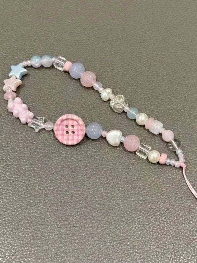 Alt view image 3 of 5 - Bks Pink Phone Lanyard Chain Beaded Camera Strap Wristlet for Girls Multicolor Round Checkered Button