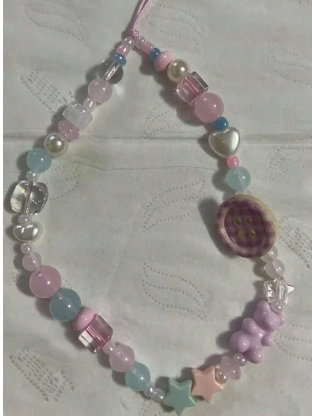 Alt view image 4 of 5 - Bks Pink Phone Lanyard Chain Beaded Camera Strap Wristlet for Girls Multicolor Round Checkered Button