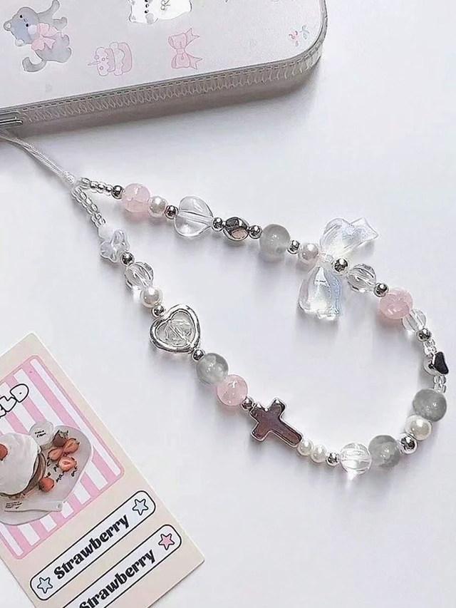 Alt view image 6 of 7 - Bks Cute Beaded Phone Charm Aesthetic Lanyard Butterfly Heart Pendant for Phone Bag Keys Camera Gift