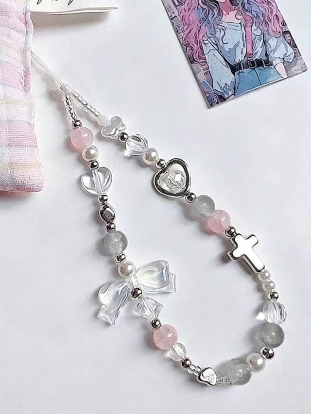 Alt view image 7 of 7 - Bks Cute Beaded Phone Charm Aesthetic Lanyard Butterfly Heart Pendant for Phone Bag Keys Camera Gift