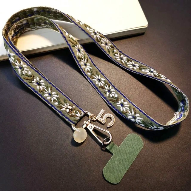 Main image of Bks Multicolor Adjustable Crossbody Phone Lanyard with Pearl Pendant Floral Pattern Wide Strap for Women