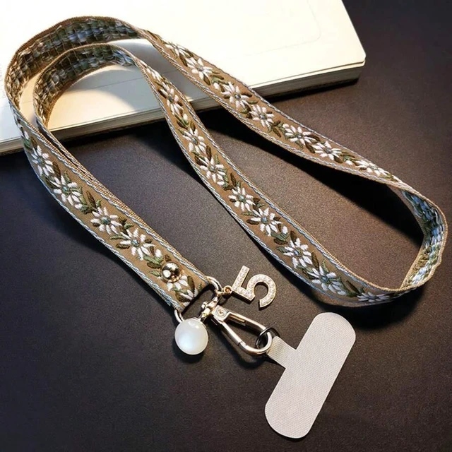 Main image of Bks Multicolor Adjustable Crossbody Phone Lanyard with Pearl Pendant Floral Pattern Wide Strap for Women