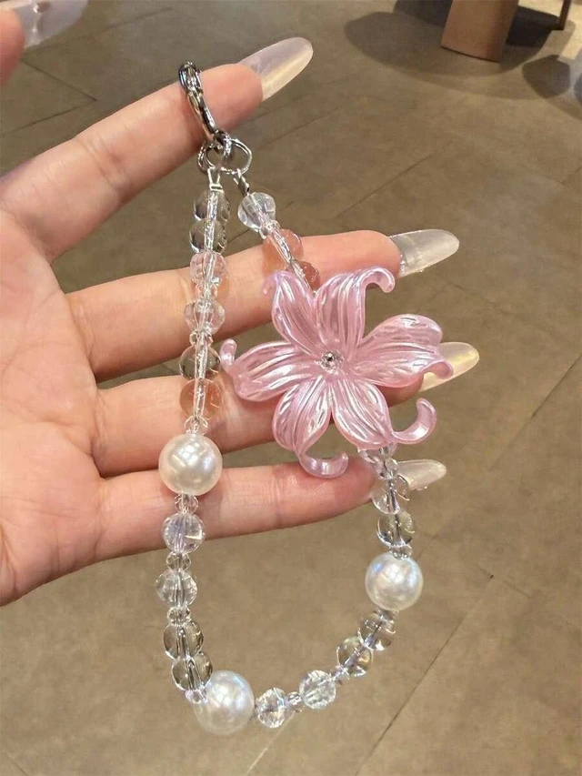 Main image of Bks Flower Pearl Phone Lanyard, Transparent Bead Bracelet, Universal Smartphone Accessory for Women, Aesthetic Gift
