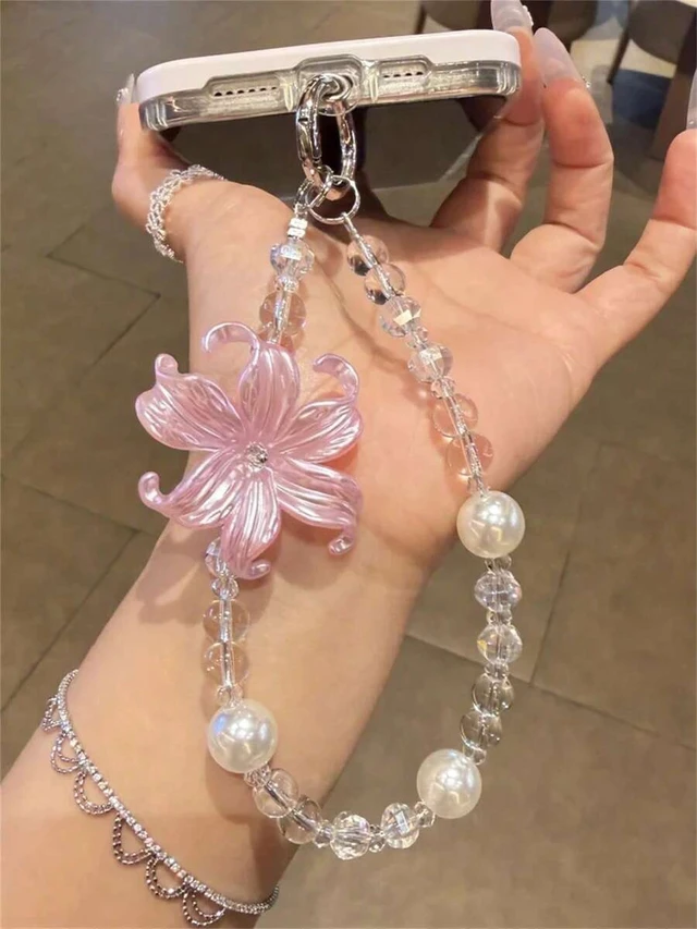 Alt view image 2 of 7 - Bks Flower Pearl Phone Lanyard, Transparent Bead Bracelet, Universal Smartphone Accessory for Women, Aesthetic Gift