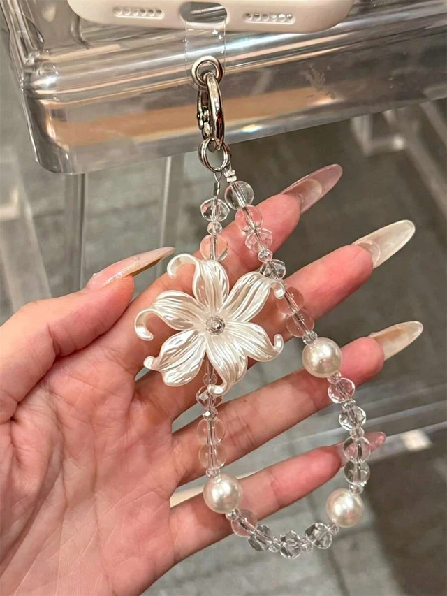 Alt view image 6 of 7 - Bks Flower Pearl Phone Lanyard, Transparent Bead Bracelet, Universal Smartphone Accessory for Women, Aesthetic Gift