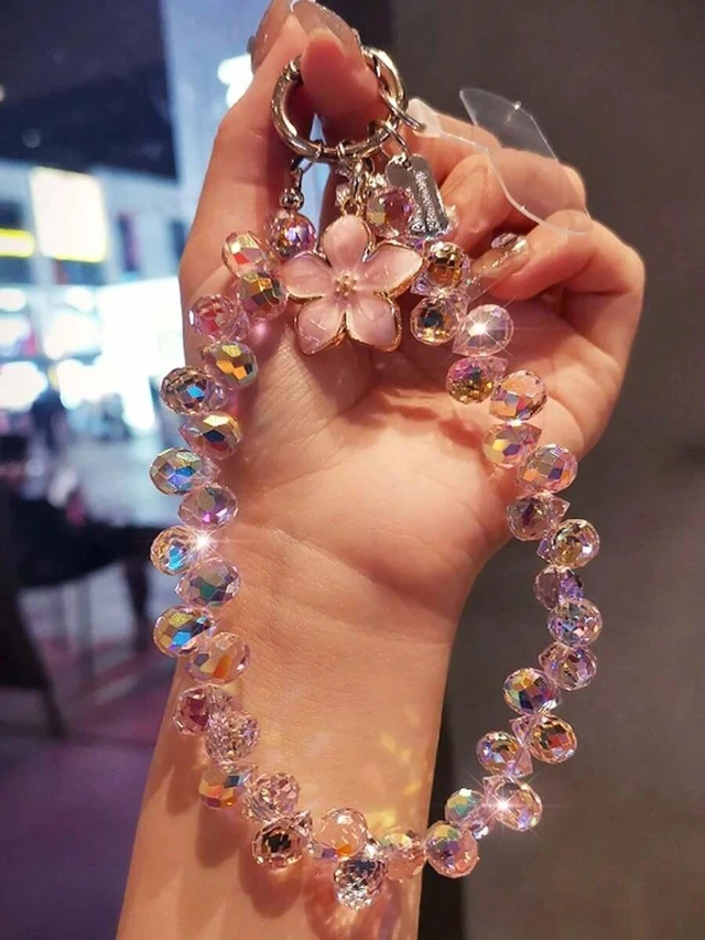 Main image of Bks Crystal Beaded Flower Pendant Phone Chain, Shiny Case Charm Strap, Anti-Lost Lanyard for Outdoor Travel and Birthday Gift