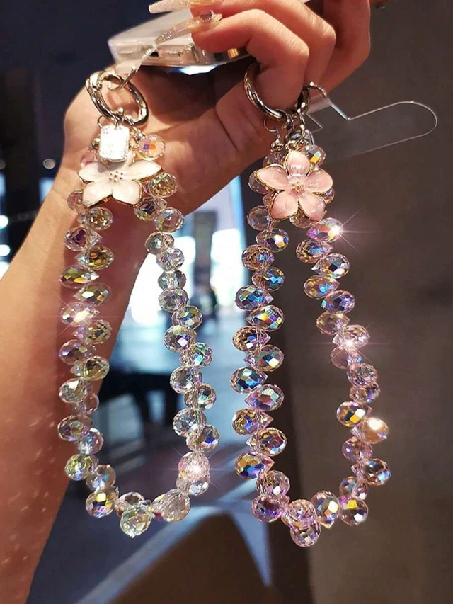 Alt view image 2 of 7 - Bks Crystal Beaded Flower Pendant Phone Chain, Shiny Case Charm Strap, Anti-Lost Lanyard for Outdoor Travel and Birthday Gift