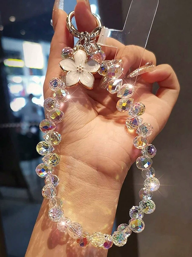 Alt view image 5 of 7 - Bks Crystal Beaded Flower Pendant Phone Chain, Shiny Case Charm Strap, Anti-Lost Lanyard for Outdoor Travel and Birthday Gift