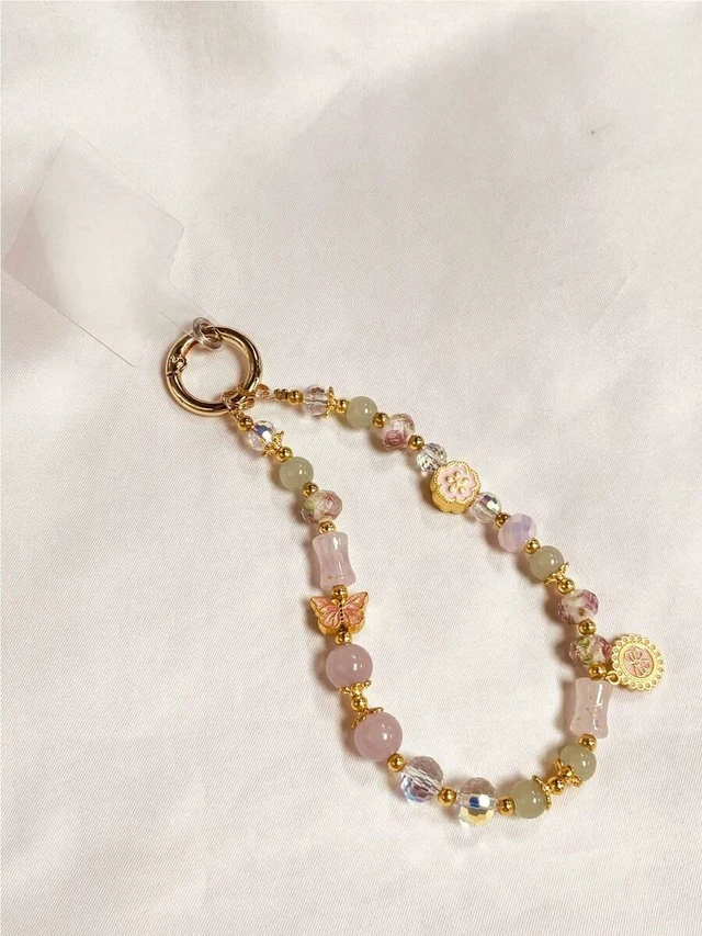 Alt view image 2 of 4 - Bks Vintage Style Glass Flower Pendant Bracelet, Handmade Beaded Chain Wrist Decoration, Mobile Phone Lanyard Clip