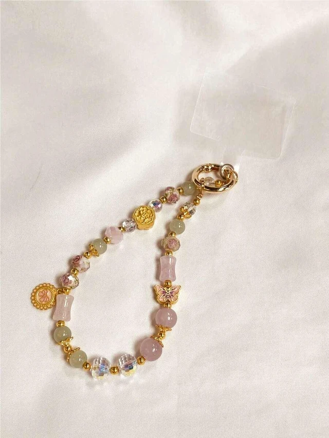 Alt view image 3 of 4 - Bks Vintage Style Glass Flower Pendant Bracelet, Handmade Beaded Chain Wrist Decoration, Mobile Phone Lanyard Clip