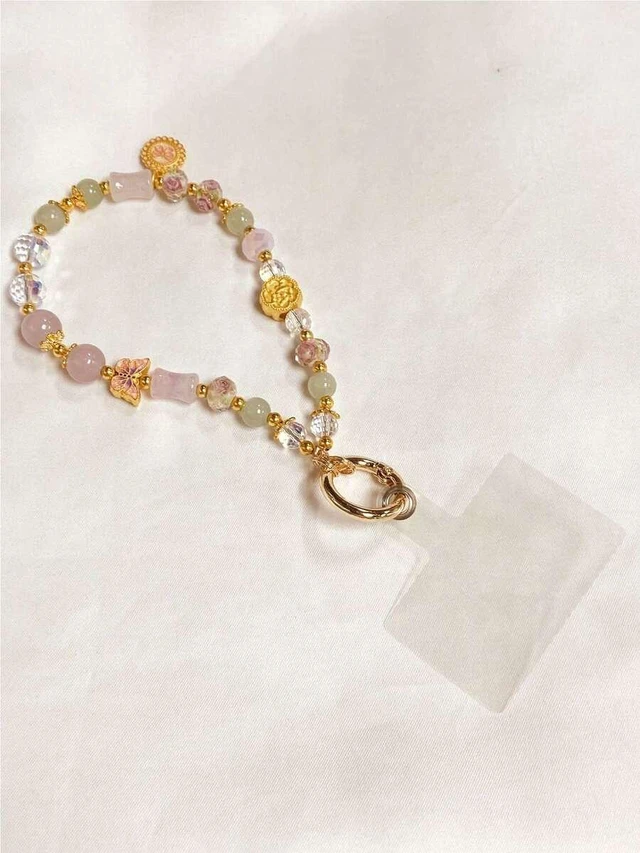 Alt view image 4 of 4 - Bks Vintage Style Glass Flower Pendant Bracelet, Handmade Beaded Chain Wrist Decoration, Mobile Phone Lanyard Clip