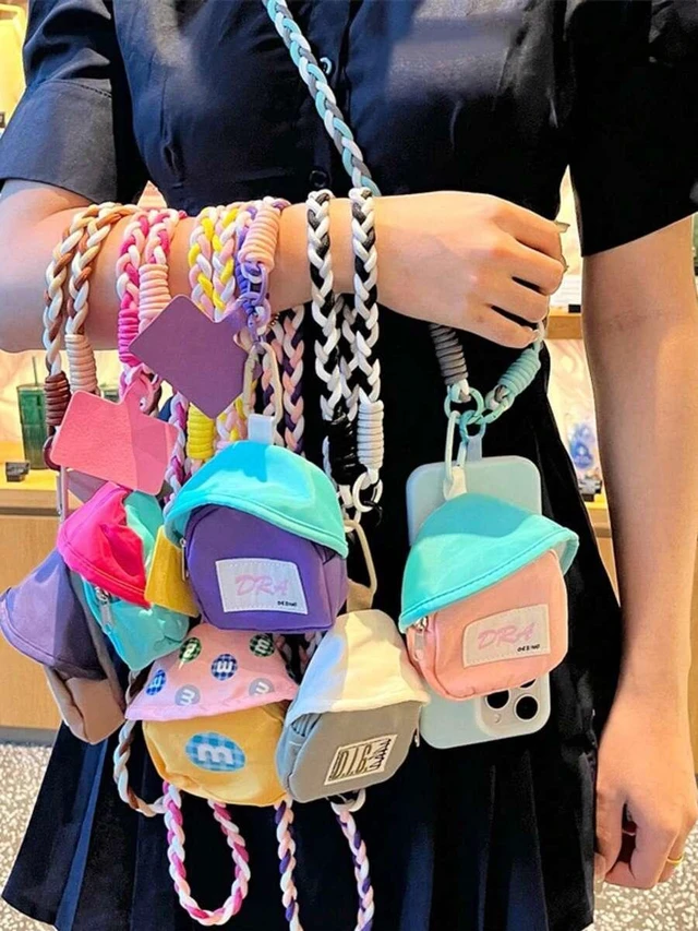 Alt view image 2 of 7 - Bks 2pcs Dopamine Color Block Woven Crossbody Phone Lanyard with Hat Shaped Coin Purse, Adjustable Anti-Loss Shoulder Strap for Girls Travel Shopping