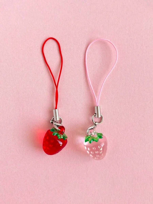 Alt view image 4 of 4 - Bks 2pcs Pink Strawberry Phone Lanyard Strap Charm for Phones Bags Keys Cute Shaped Cellphone