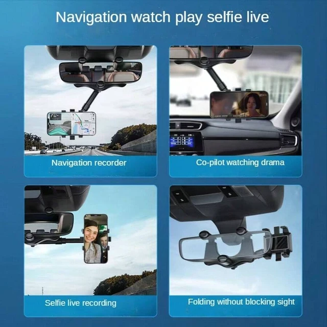 Alt view image 4 of 7 - Bks Multi-Function Adjustable 360° Rotatable Rearview Mirror Car Phone Mount Holder, Extendable Bracket Compatible With iPhone Android