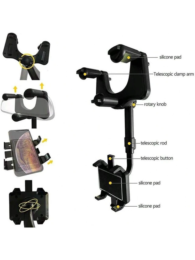 Alt view image 7 of 7 - Bks Multi-Function Adjustable 360° Rotatable Rearview Mirror Car Phone Mount Holder, Extendable Bracket Compatible With iPhone Android