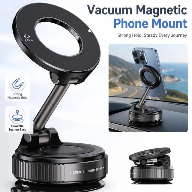 Alt view image 2 of 7 - Bks Strong Magnetic Car Phone Holder, Foldable Design, 360° Adjustable Vacuum Suction Mount, Universal For Car, Desk & Bathroom