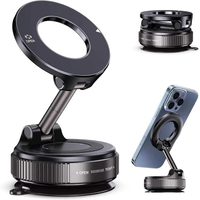 Main image of Bks Strong Magnetic Car Phone Holder, Foldable Design, 360° Adjustable Vacuum Suction Mount, Universal For Car, Desk & Bathroom