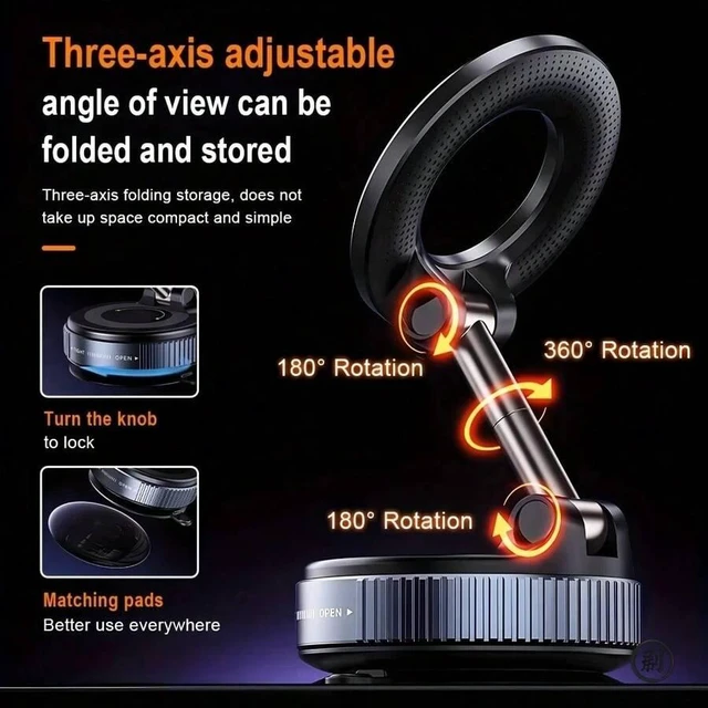 Alt view image 7 of 7 - Bks Strong Magnetic Car Phone Holder, Foldable Design, 360° Adjustable Vacuum Suction Mount, Universal For Car, Desk & Bathroom
