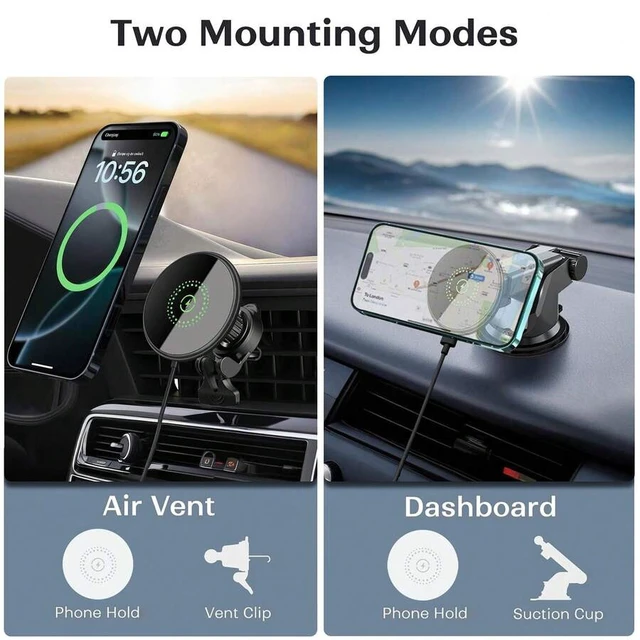 Alt view image 3 of 7 - Bks Magnetic Car Mount Charger 2 in 1 Wireless Charging Holder for iPhone 17 16 15 14 13 12 Series Vent Dashboard Suction Cup
