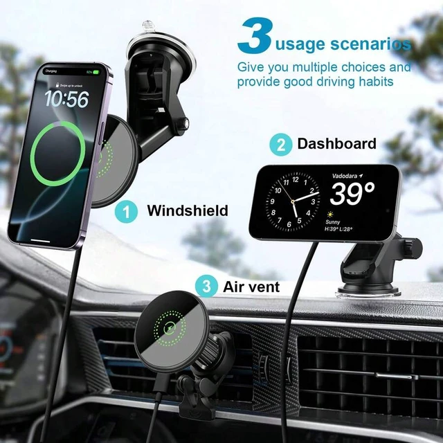 Alt view image 5 of 7 - Bks Magnetic Car Mount Charger 2 in 1 Wireless Charging Holder for iPhone 17 16 15 14 13 12 Series Vent Dashboard Suction Cup