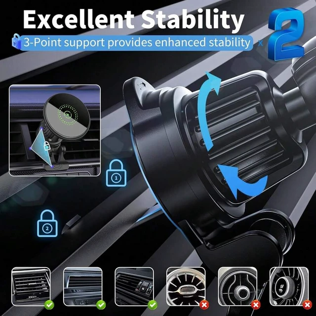 Alt view image 7 of 7 - Bks Magnetic Car Mount Charger 2 in 1 Wireless Charging Holder for iPhone 17 16 15 14 13 12 Series Vent Dashboard Suction Cup