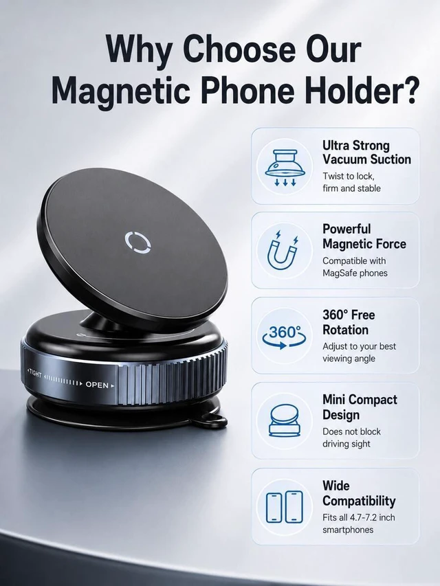 Alt view image 3 of 7 - Bks Vacuum Suction Cup Magnetic Car Phone Holder 360° Rotating Strong MagSafe Compatible Twist Lock Stable Anti-Shake Reusable For 4.7-7.2 Inch Smartphones Daily Driving Navigation Dashboard/Windshiel